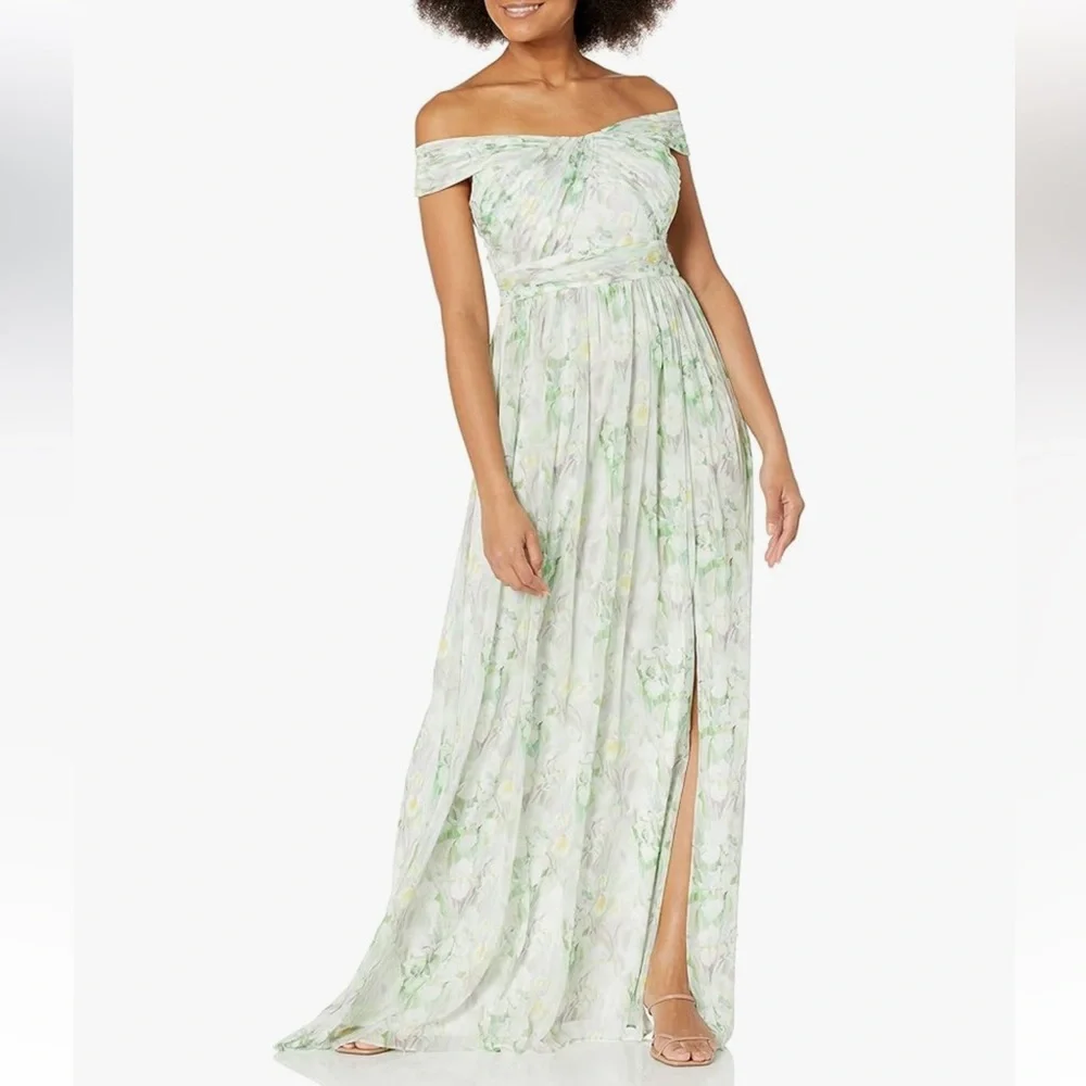 BNWT Adrianna Papell Off Shoulder Chiffon Gown Spring Mint Multi 12 and 14 - Picture 2 of 7